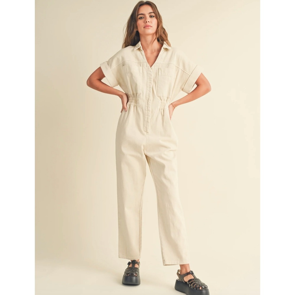 MIOU MUSE Womens Cream Denim Utility Jumpsuit Short Sleeve Elastic Waist Small